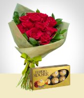 Flores :  - Combo Tradicin: 12 Rosas + Chocolates